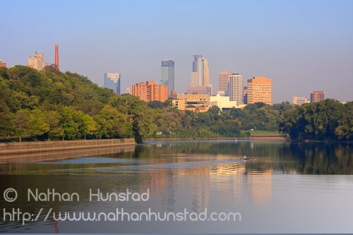 Downtown Minneapolis reflected in the Mississippi River.